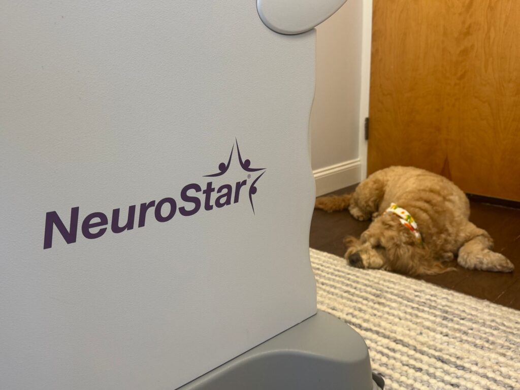 Therapy dog resting beside the NeuroStar system